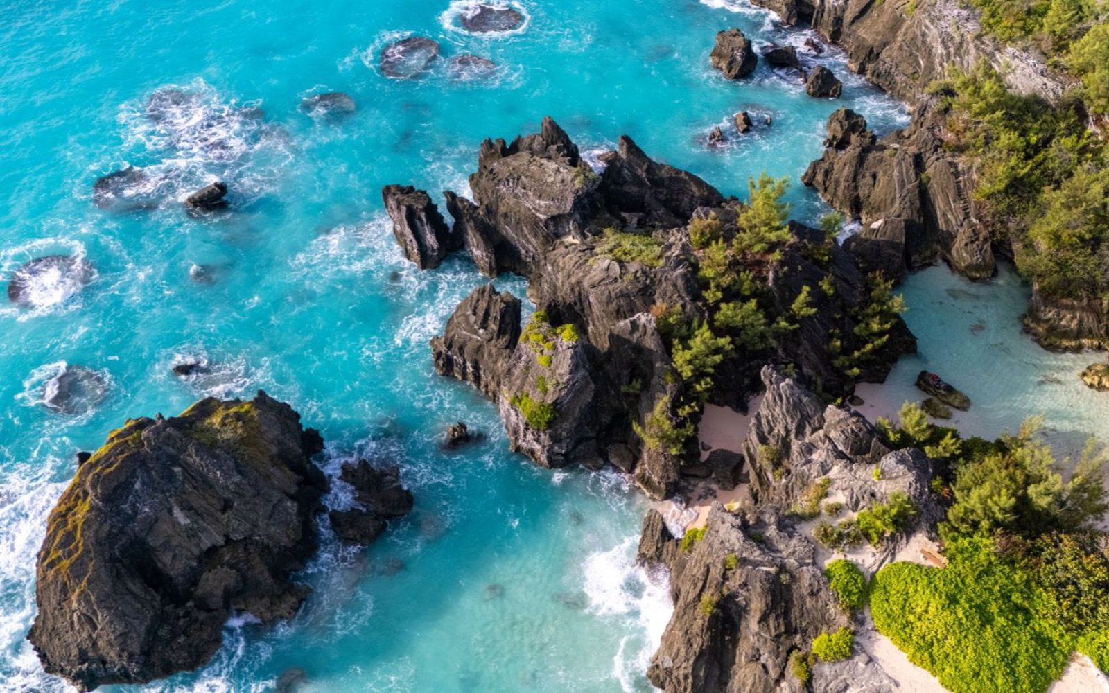 Bermuda's rocky, reef-lined coast from above.