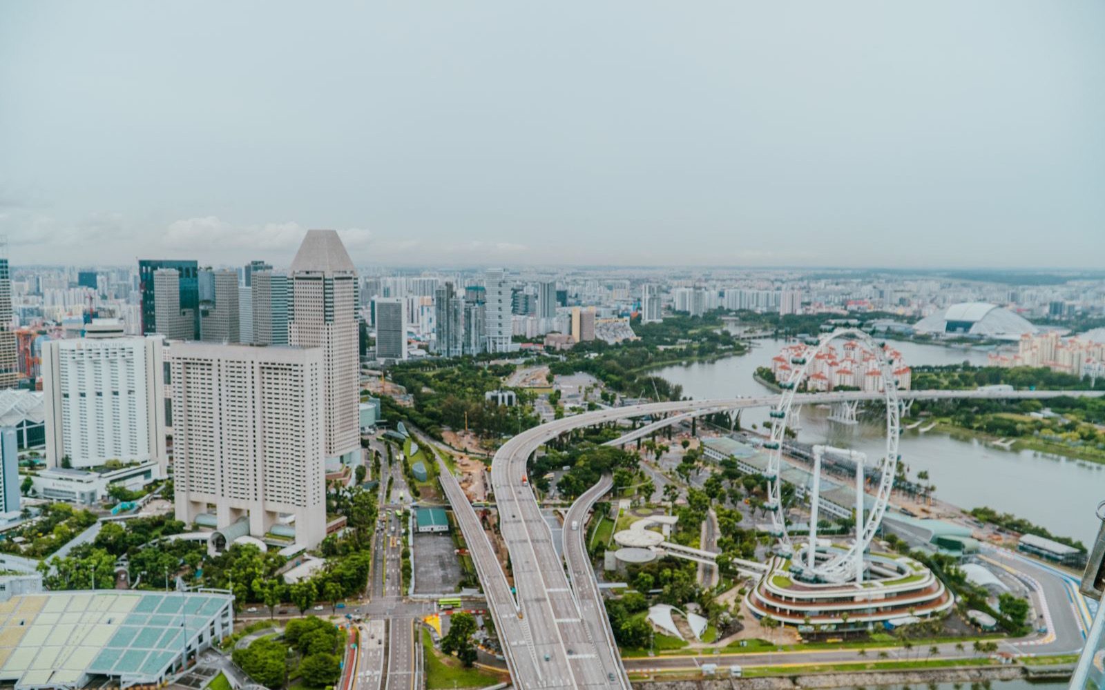 An aerial view over Marina Bay and the Singapore Flyer.